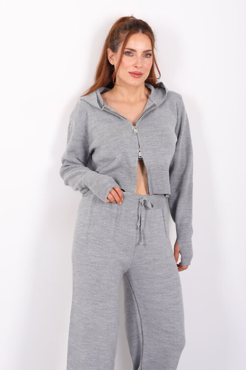 Kapüşonlu Parmak Geçirmeli Antrasit Kadın Triko Takım - 6