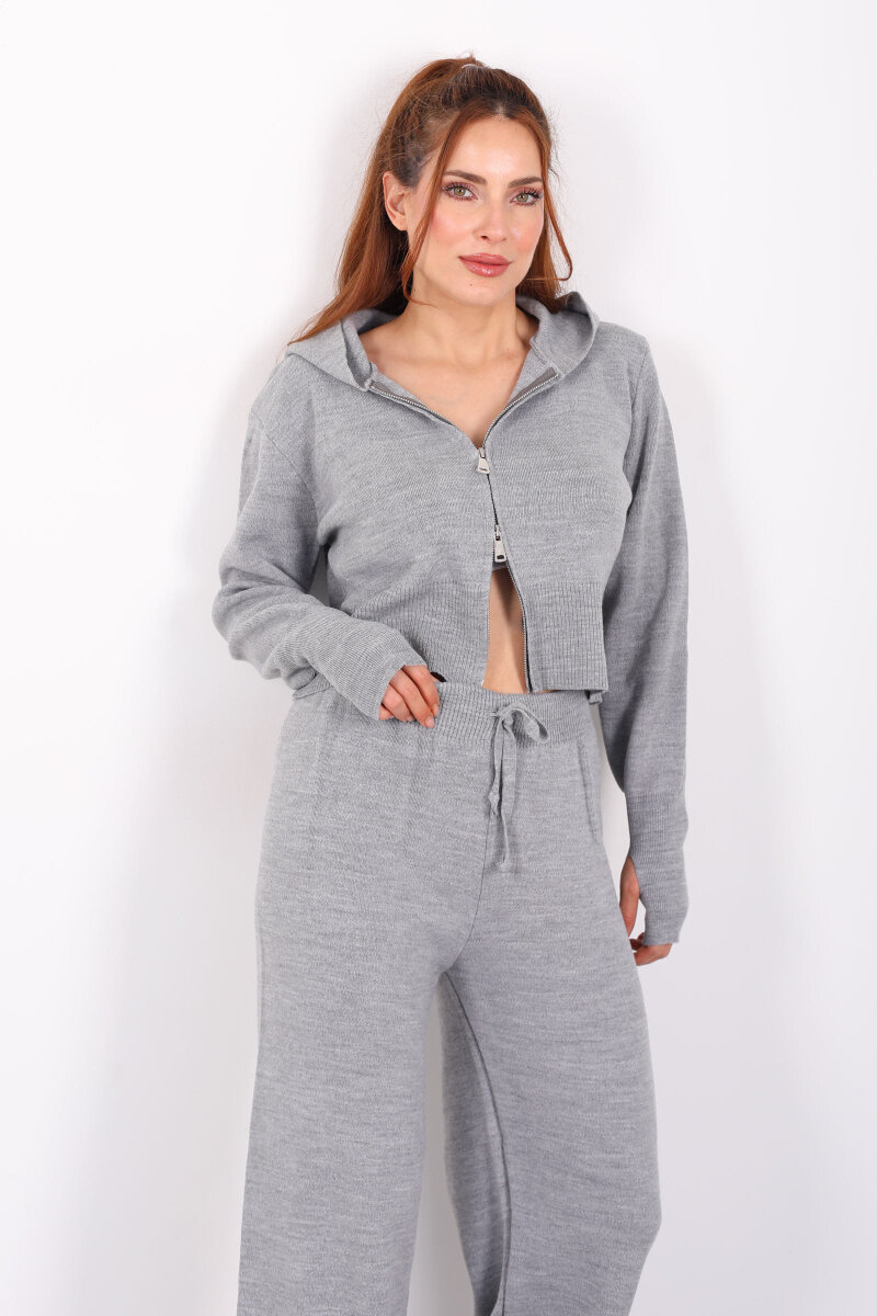 Kapüşonlu Parmak Geçirmeli Antrasit Kadın Triko Takım - 6