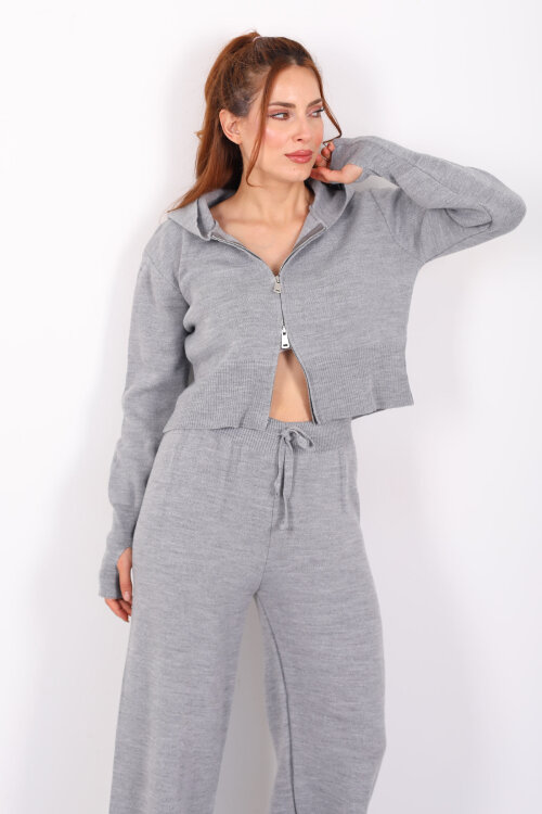 Kapüşonlu Parmak Geçirmeli Antrasit Kadın Triko Takım - 4