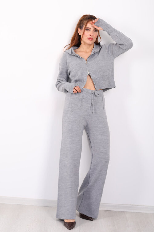 Kapüşonlu Parmak Geçirmeli Antrasit Kadın Triko Takım - 7