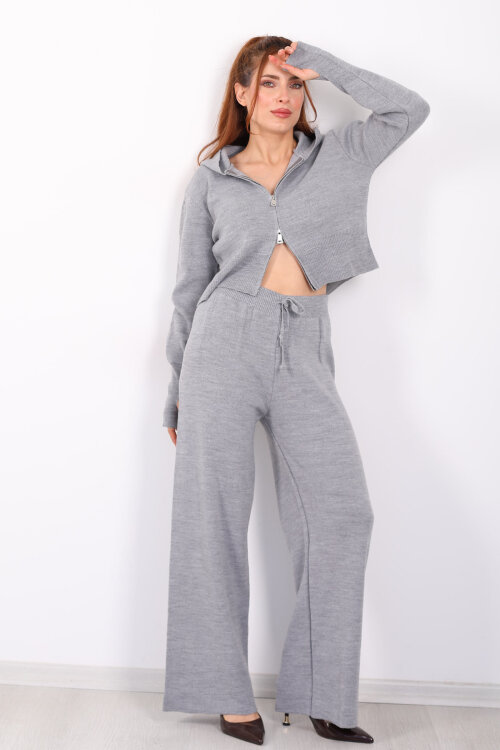 Kapüşonlu Parmak Geçirmeli Antrasit Kadın Triko Takım - 5