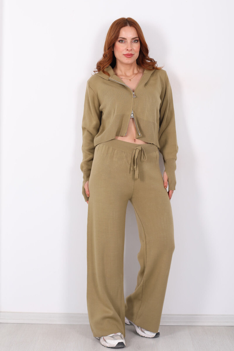 Kapüşonlu Parmak Geçirmeli Haki Kadın Triko Takım - 7