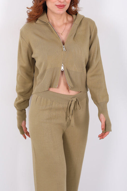 Kapüşonlu Parmak Geçirmeli Haki Kadın Triko Takım - Berox (1)