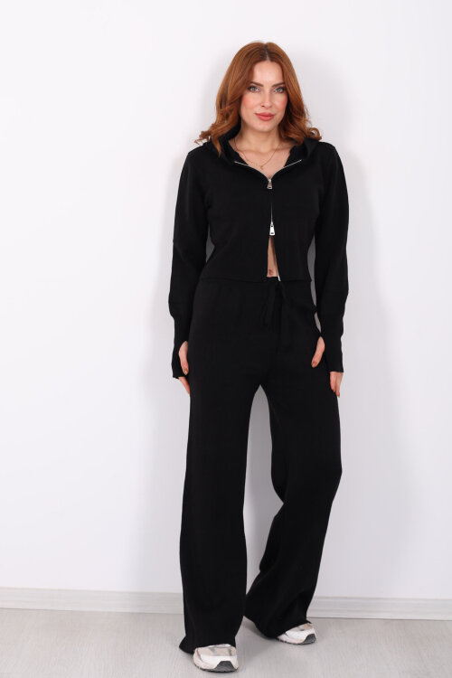 Kapüşonlu Parmak Geçirmeli Siyah Kadın Triko Takım - 8