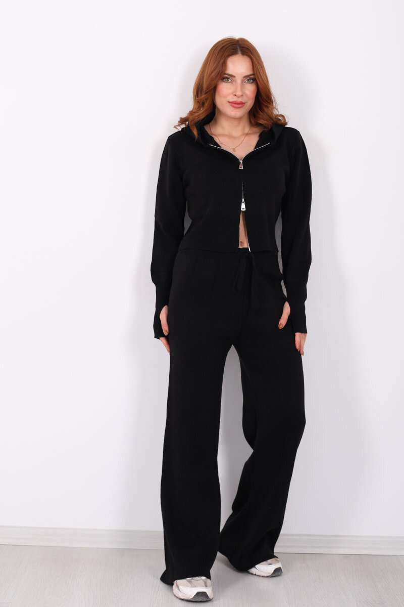 Kapüşonlu Parmak Geçirmeli Siyah Kadın Triko Takım - 8