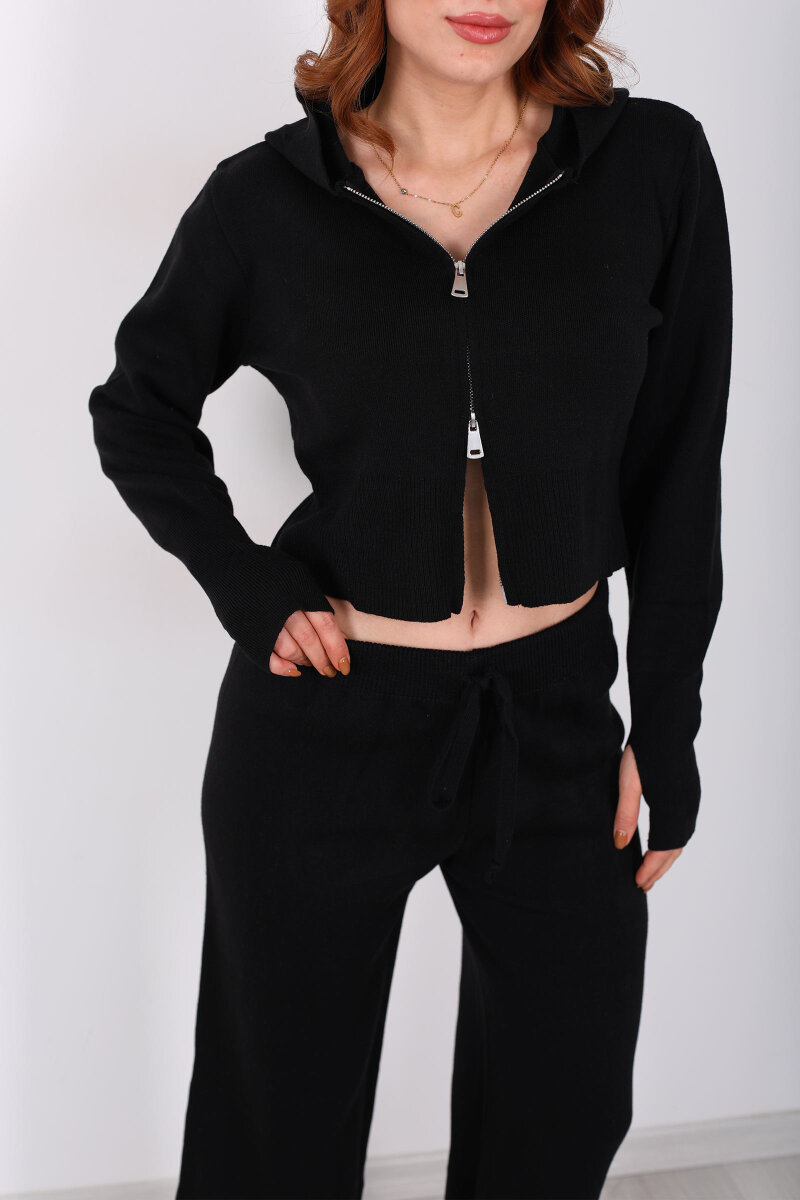 Kapüşonlu Parmak Geçirmeli Siyah Kadın Triko Takım - 2