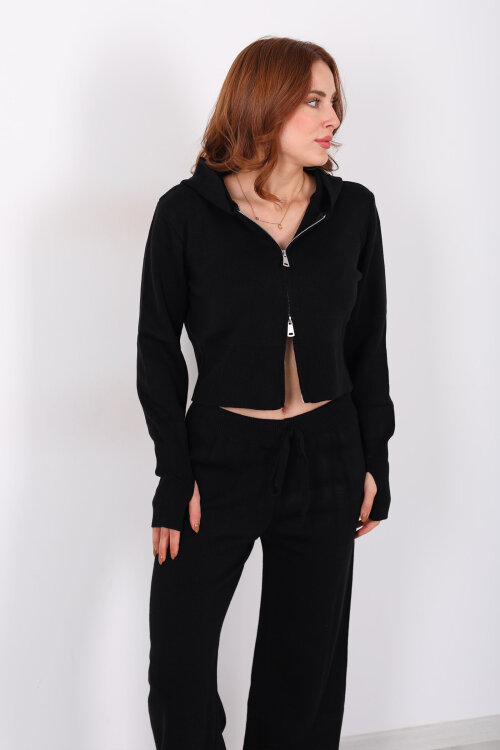 Kapüşonlu Parmak Geçirmeli Siyah Kadın Triko Takım - 4