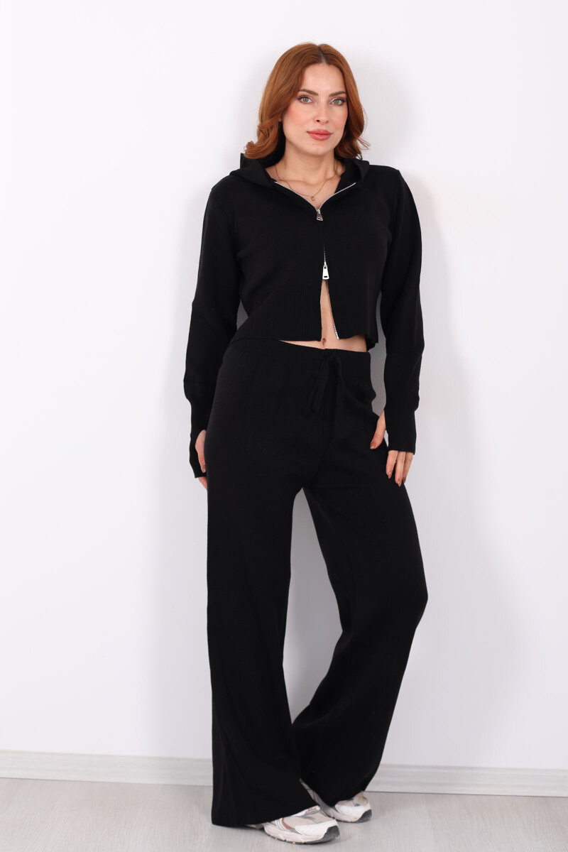 Kapüşonlu Parmak Geçirmeli Siyah Kadın Triko Takım - 3