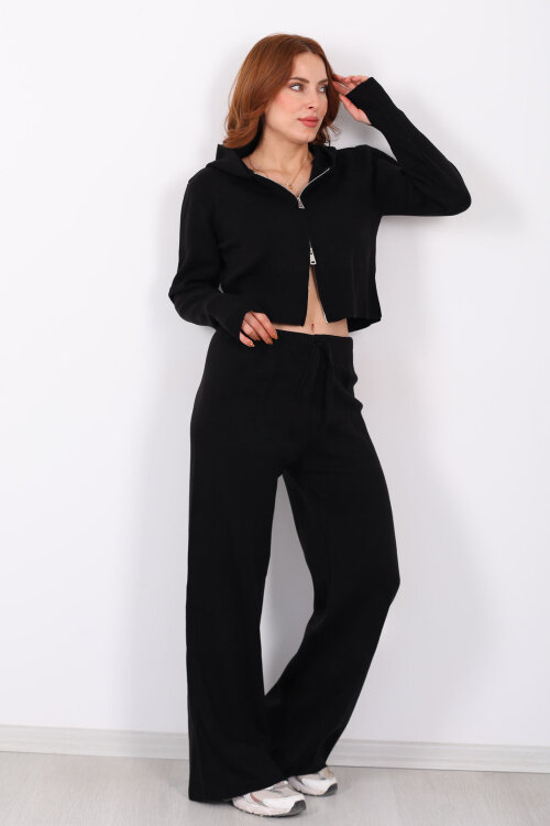 Kapüşonlu Parmak Geçirmeli Siyah Kadın Triko Takım - 5