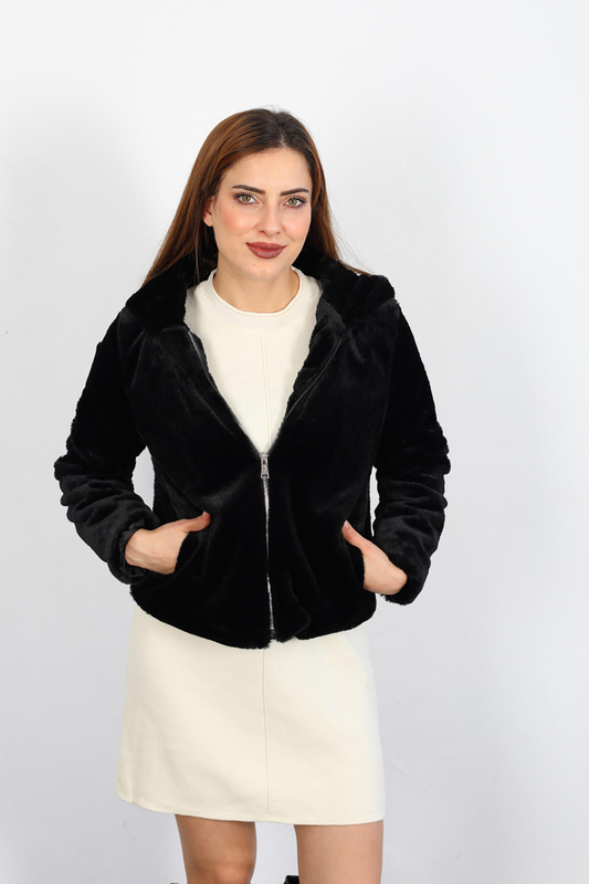 Kapüşonlu Peluş Kadın Siyah Kürk Ceket - 1