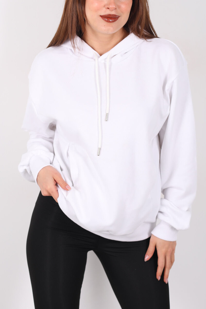 Kapüşonlu Şardonsuz Beyaz Kadın Üç İplik Sweat - 2