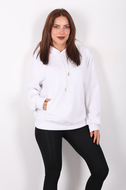 Kapüşonlu Şardonsuz Beyaz Kadın Üç İplik Sweat - 6