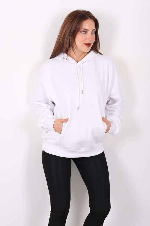 Kapüşonlu Şardonsuz Beyaz Kadın Üç İplik Sweat - 3