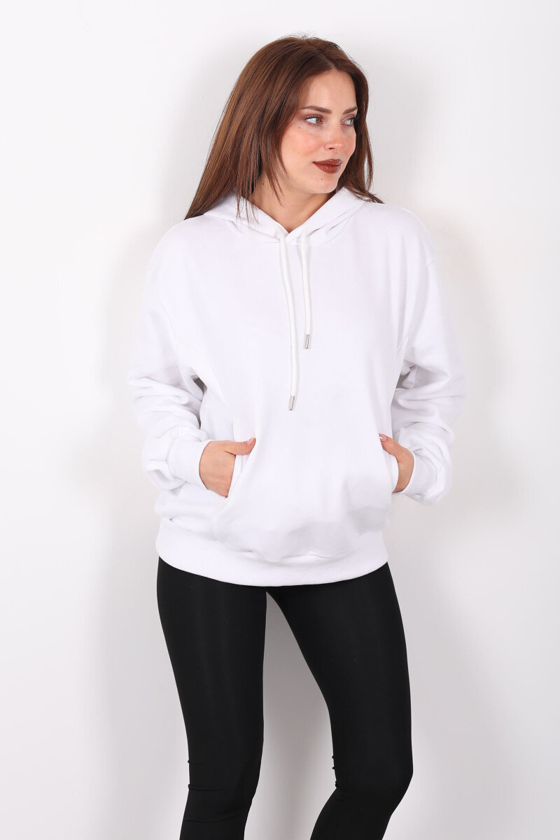 Kapüşonlu Şardonsuz Beyaz Kadın Üç İplik Sweat - 3