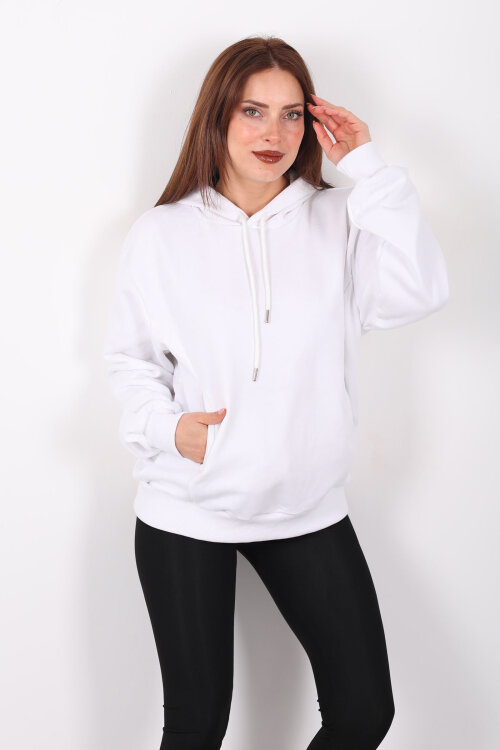 Kapüşonlu Şardonsuz Beyaz Kadın Üç İplik Sweat - 4