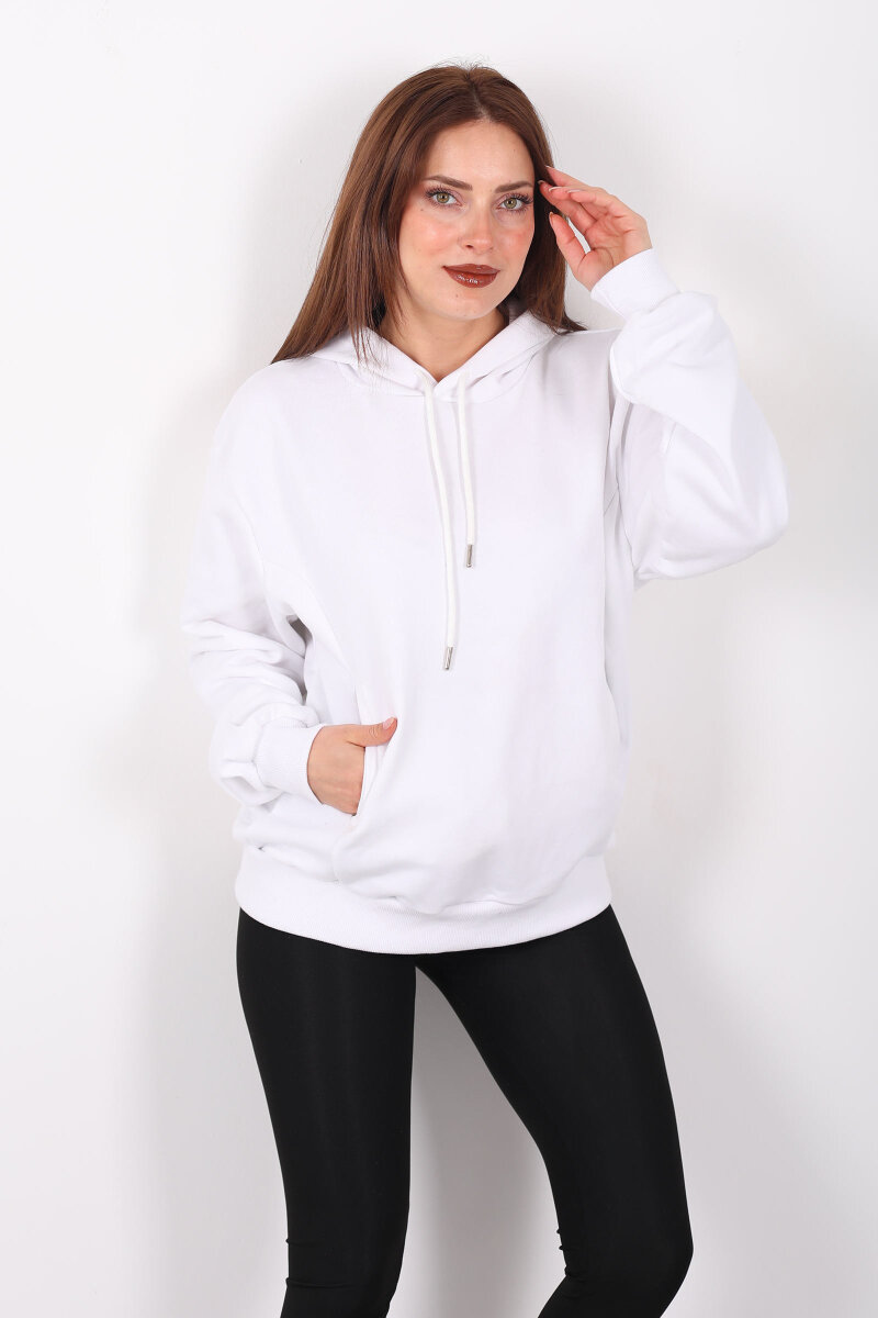 Kapüşonlu Şardonsuz Beyaz Kadın Üç İplik Sweat - 4