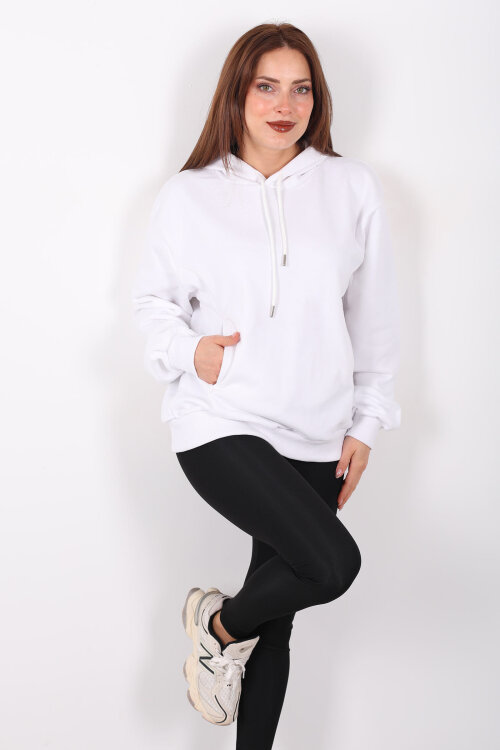 Kapüşonlu Şardonsuz Beyaz Kadın Üç İplik Sweat - Berox