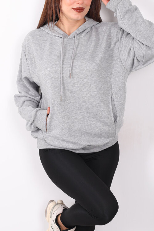 Kapüşonlu Şardonsuz Gri Melanj Kadın Üç İplik Sweat - Berox (1)