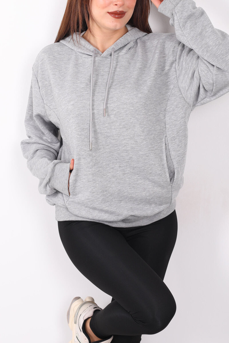 Kapüşonlu Şardonsuz Gri Melanj Kadın Üç İplik Sweat - 2