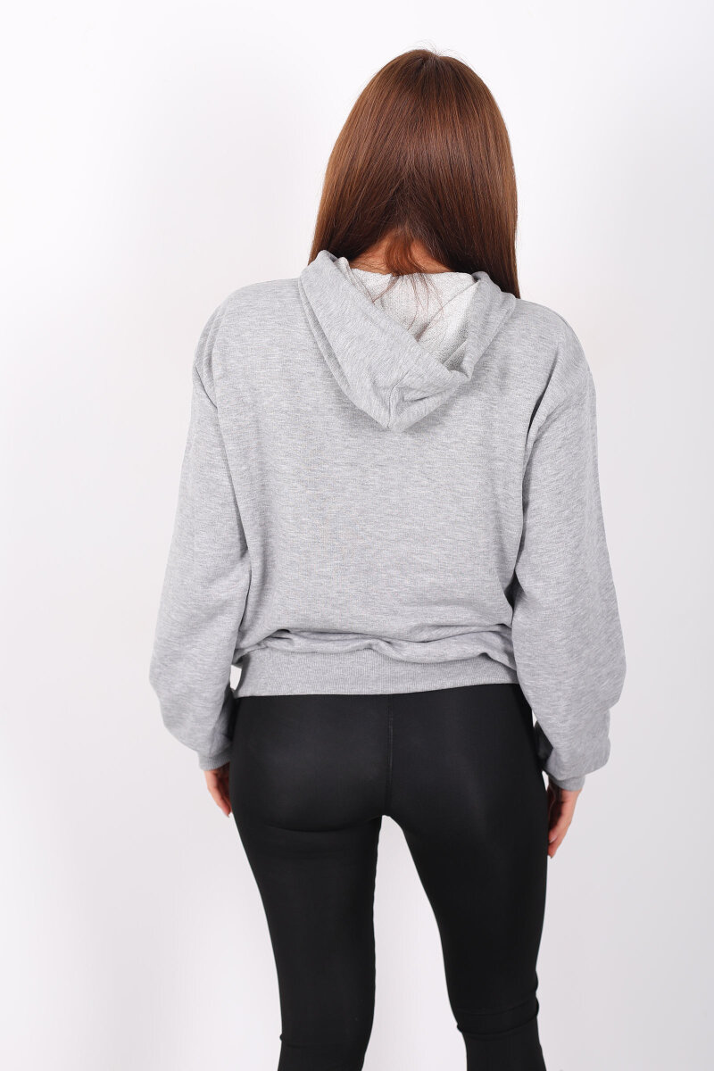Kapüşonlu Şardonsuz Gri Melanj Kadın Üç İplik Sweat - 5