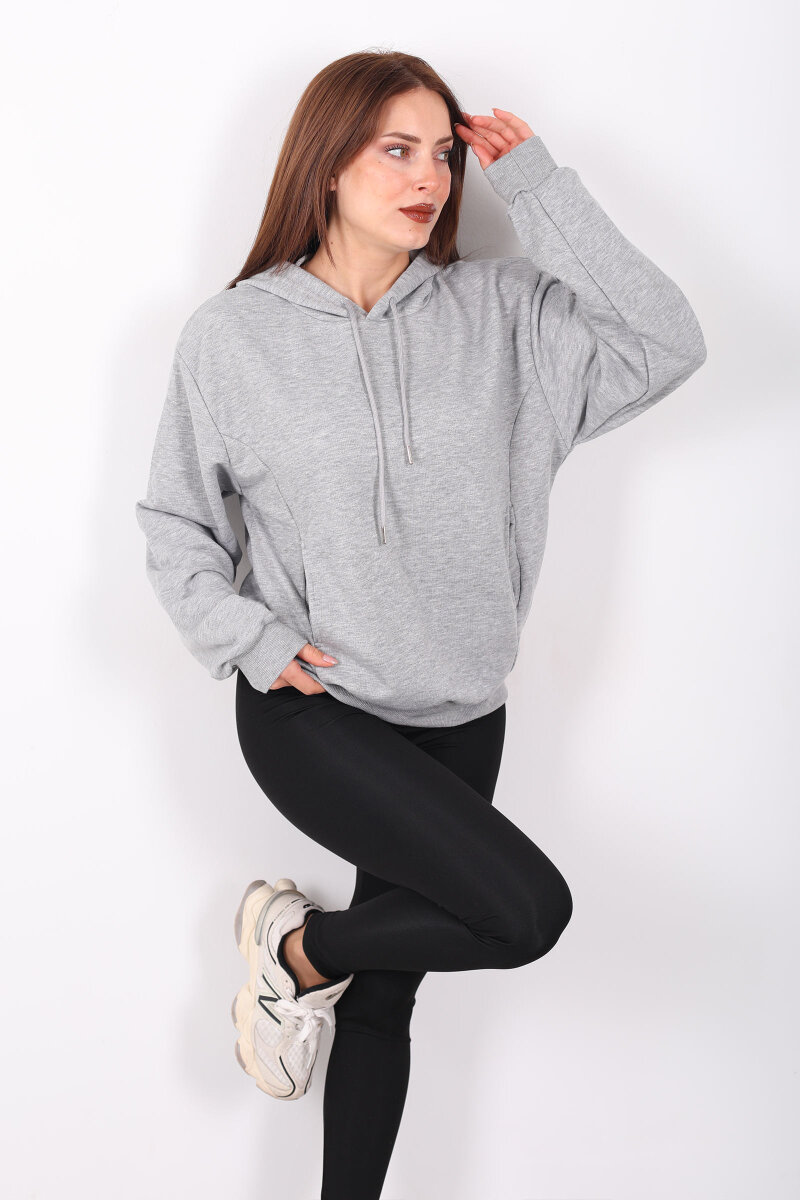 Kapüşonlu Şardonsuz Gri Melanj Kadın Üç İplik Sweat - 3