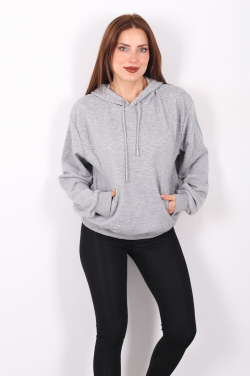 Kapüşonlu Şardonsuz Gri Melanj Kadın Üç İplik Sweat - Berox