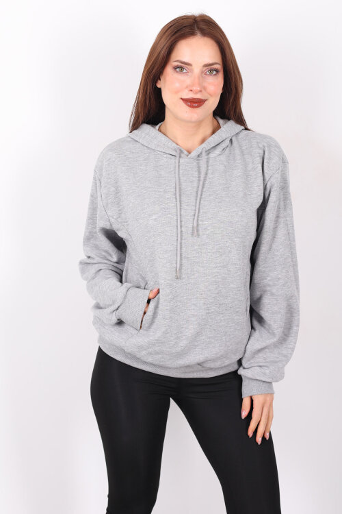 Kapüşonlu Şardonsuz Gri Melanj Kadın Üç İplik Sweat - 6