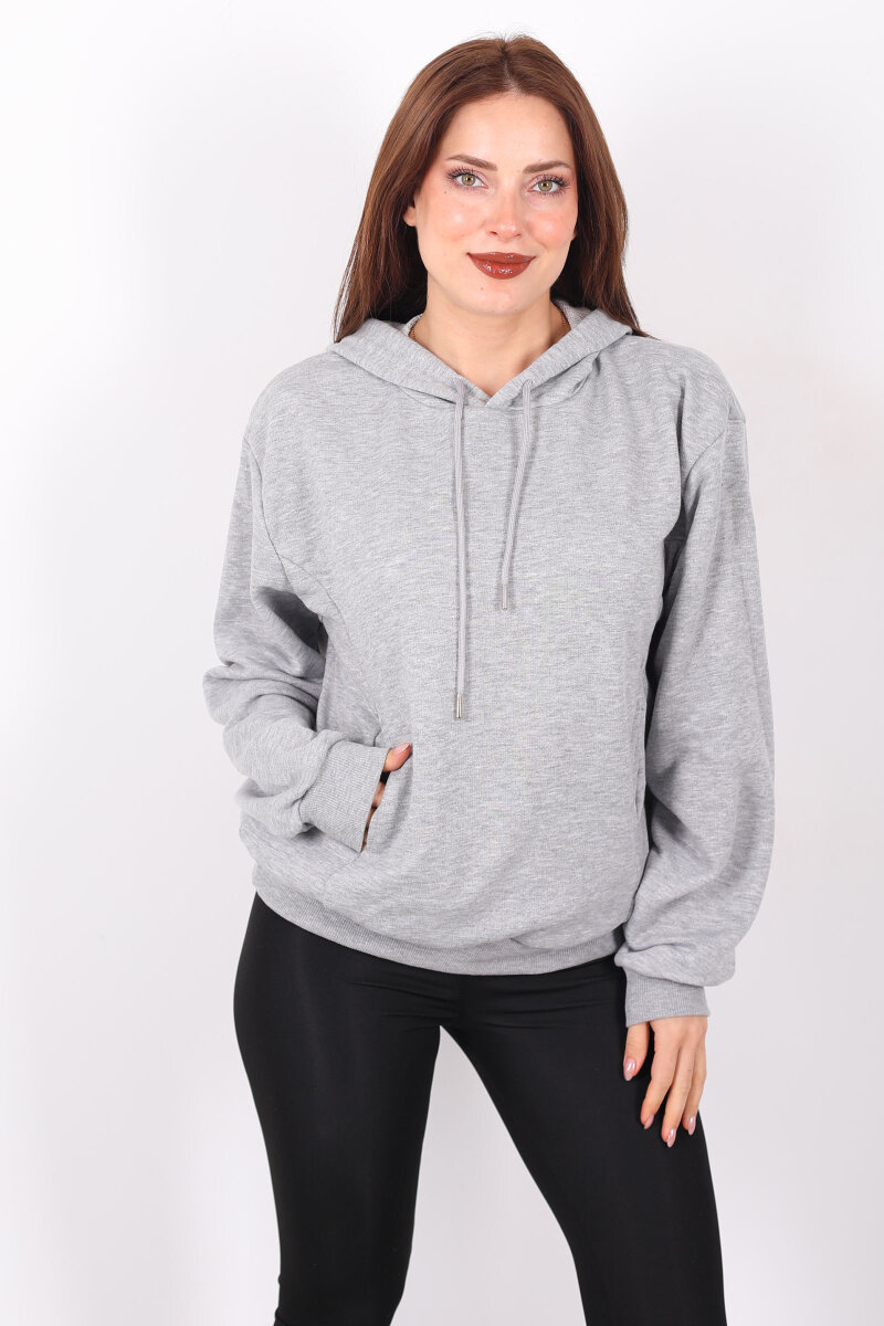 Kapüşonlu Şardonsuz Gri Melanj Kadın Üç İplik Sweat - 6