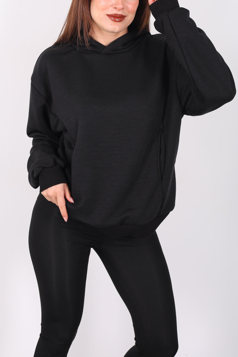 Kapüşonlu Şardonsuz Siyah Kadın Üç İplik Sweat - 2