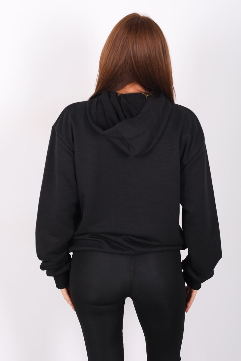 Kapüşonlu Şardonsuz Siyah Kadın Üç İplik Sweat - 5