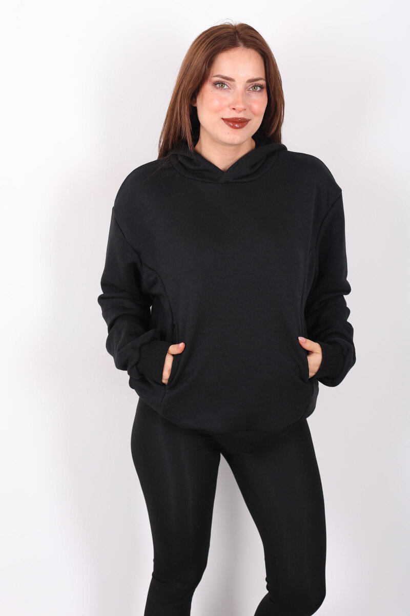 Kapüşonlu Şardonsuz Siyah Kadın Üç İplik Sweat - 3