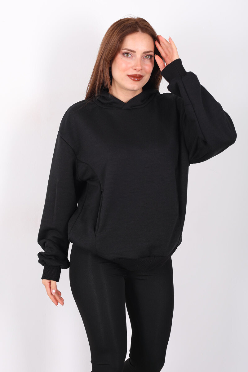 Kapüşonlu Şardonsuz Siyah Kadın Üç İplik Sweat - 1