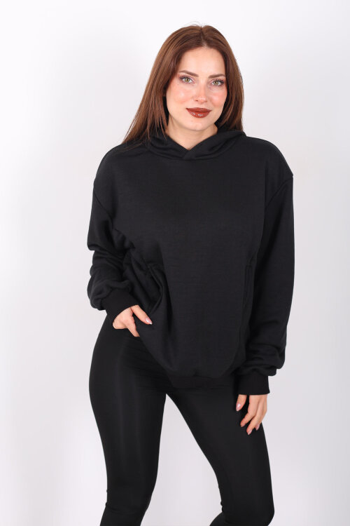Kapüşonlu Şardonsuz Siyah Kadın Üç İplik Sweat - 6