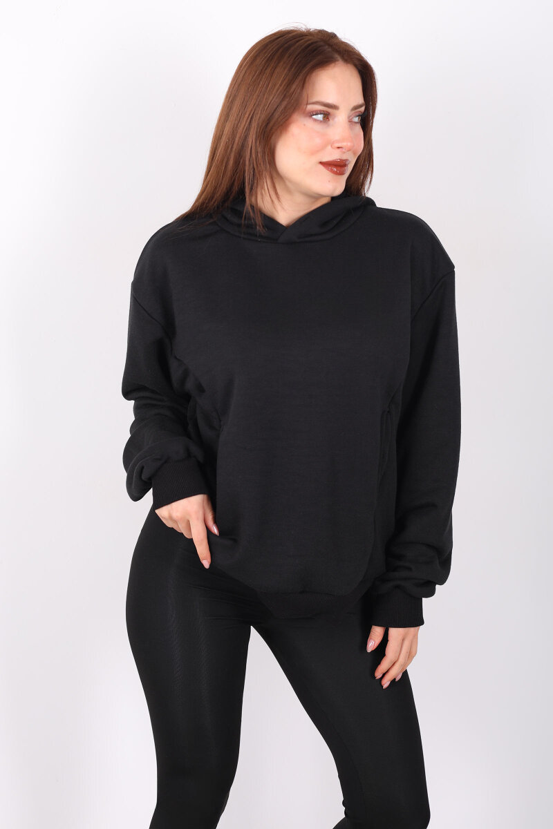Kapüşonlu Şardonsuz Siyah Kadın Üç İplik Sweat - 4