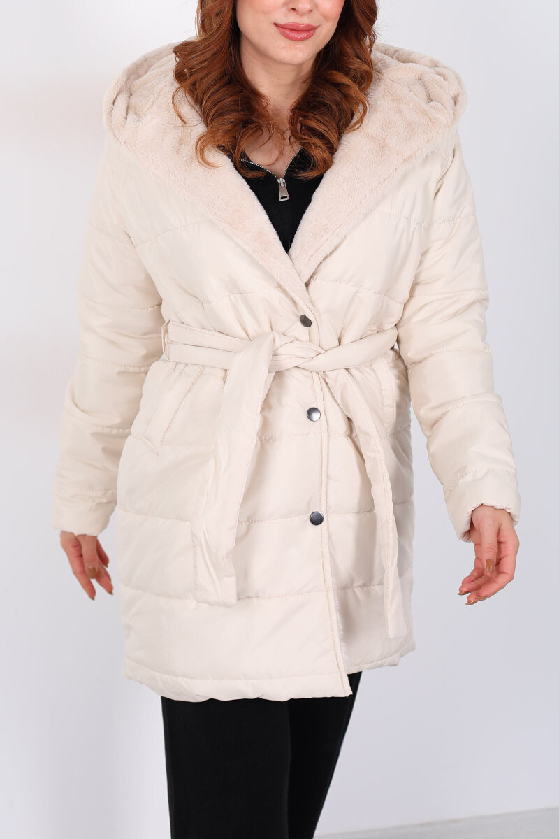 Kapüşonlu Şişme Bej Kadın Uzun Mont - 2