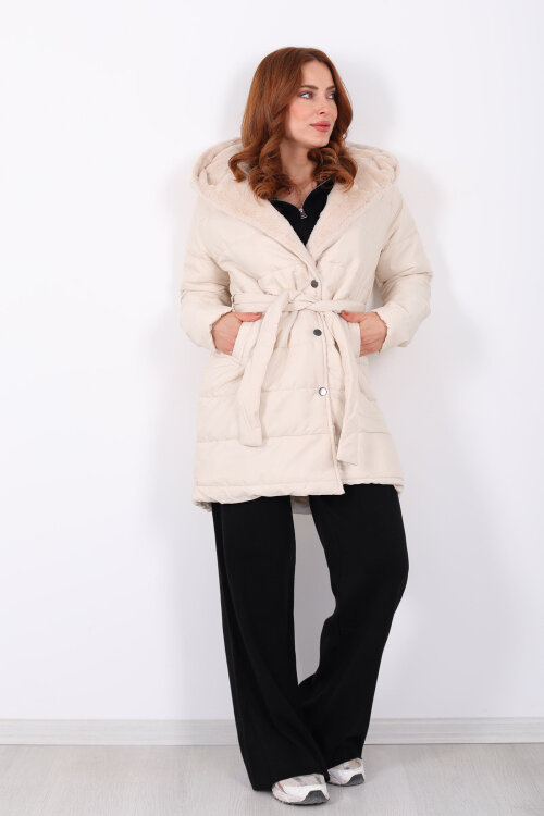 Kapüşonlu Şişme Bej Kadın Uzun Mont - 6