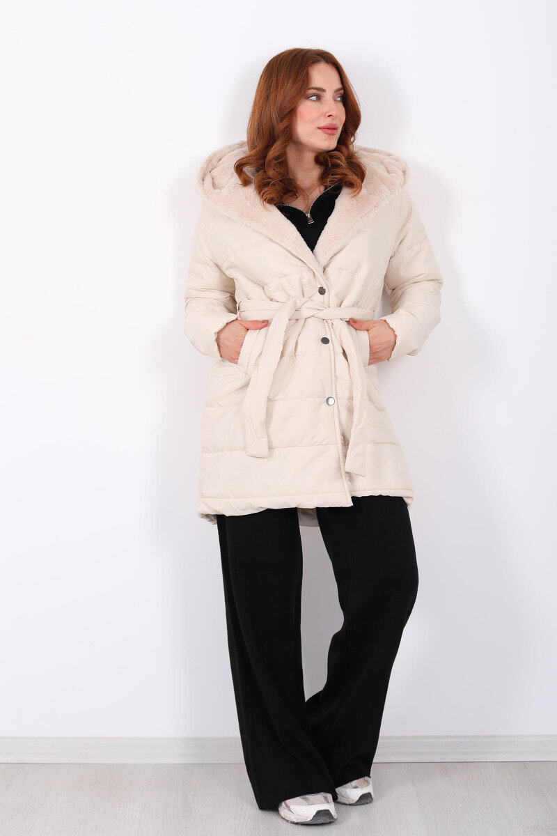 Kapüşonlu Şişme Bej Kadın Uzun Mont - 6
