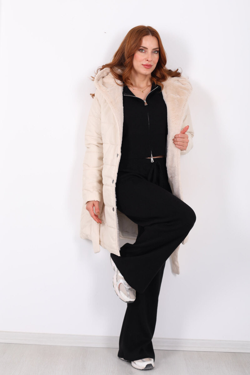 Kapüşonlu Şişme Bej Kadın Uzun Mont - 3