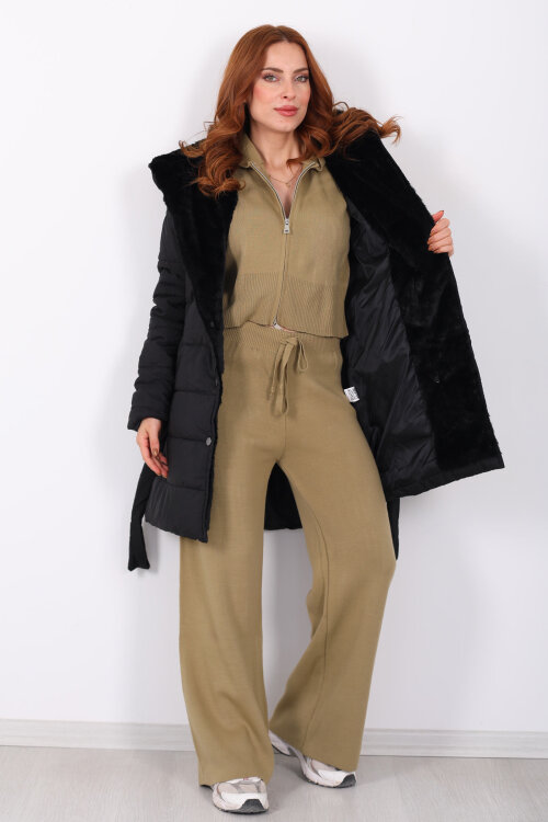 Kapüşonlu Şişme Siyah Kadın Uzun Mont - 3