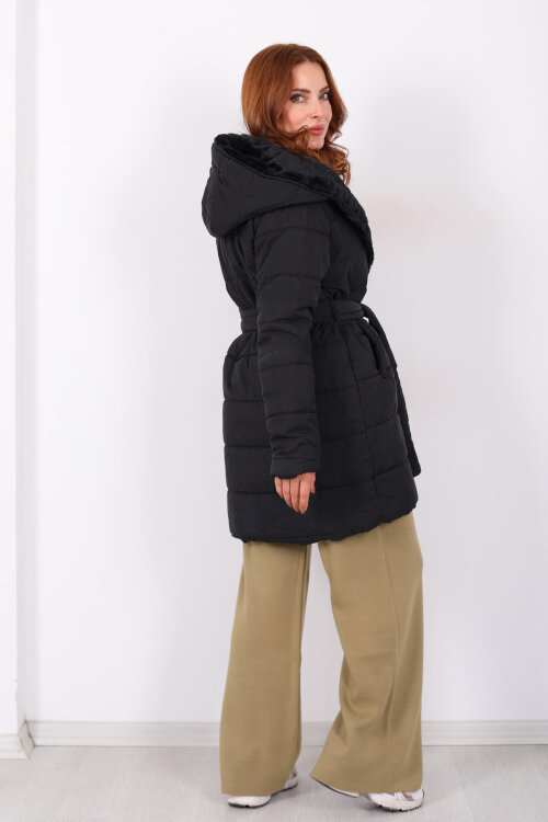 Kapüşonlu Şişme Siyah Kadın Uzun Mont - 6