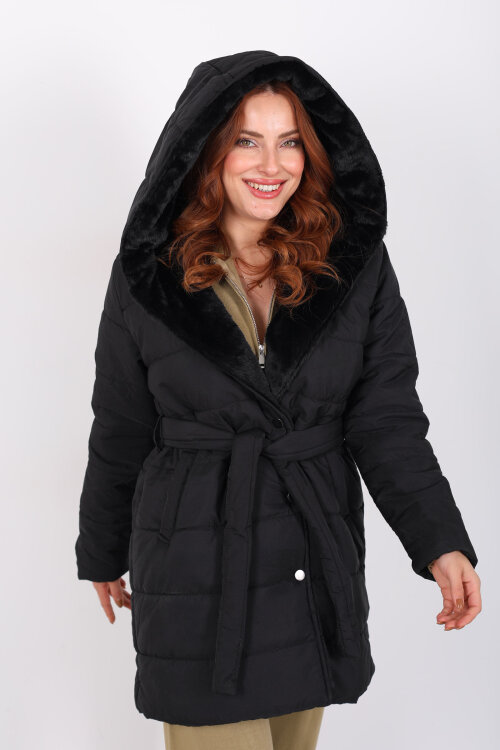 Kapüşonlu Şişme Siyah Kadın Uzun Mont - 4