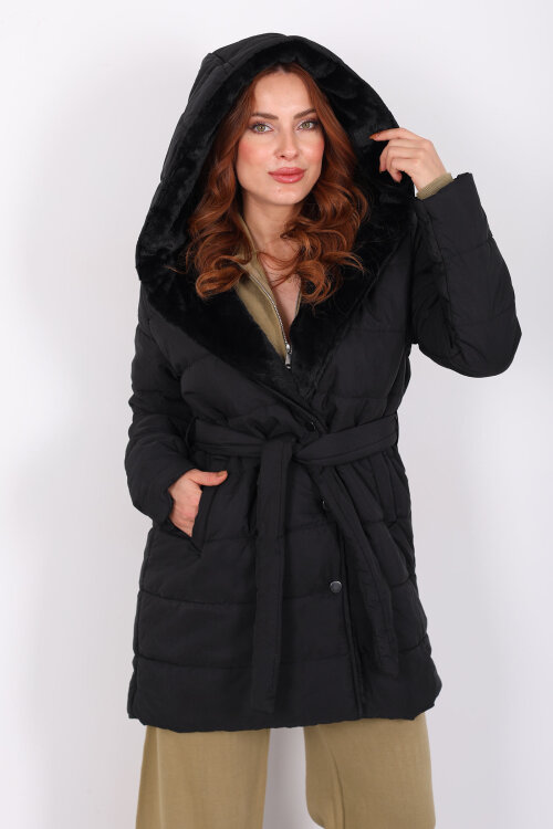 Kapüşonlu Şişme Siyah Kadın Uzun Mont - Berox