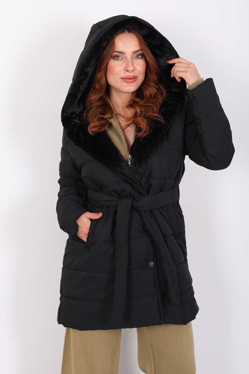 Kapüşonlu Şişme Siyah Kadın Uzun Mont - 1