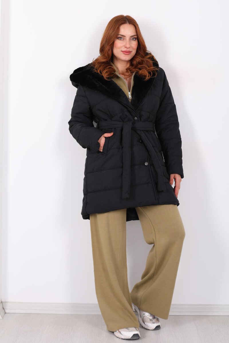 Kapüşonlu Şişme Siyah Kadın Uzun Mont - 8