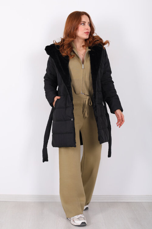 Kapüşonlu Şişme Siyah Kadın Uzun Mont - 7