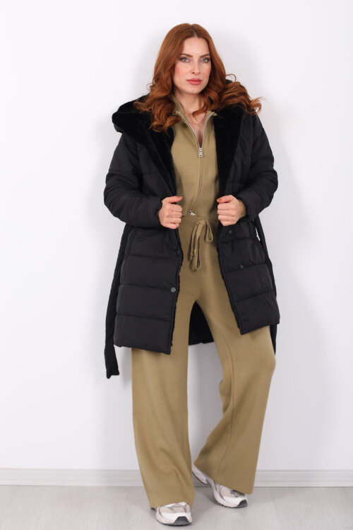 Kapüşonlu Şişme Siyah Kadın Uzun Mont - 5