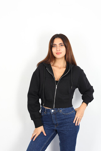 Kapüşonlu Siyah Kadın Crop Ceket - Berox