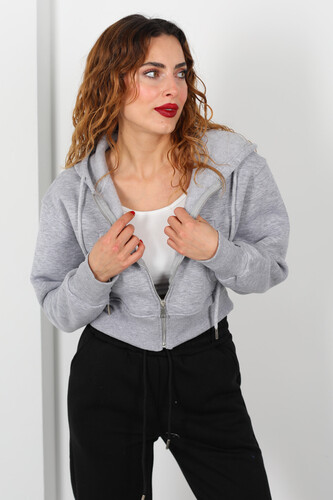 Kapüşonlu Üç İp Gri Melanj Kadın Crop Sweat Ceket - Berox