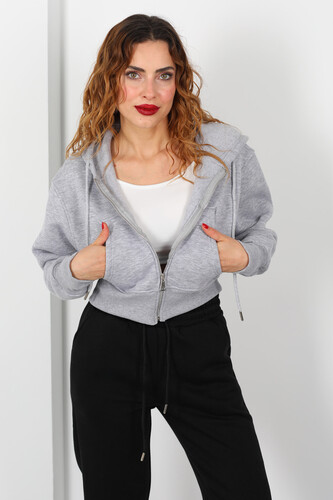 Kapüşonlu Üç İp Gri Melanj Kadın Crop Sweat Ceket - Berox (1)