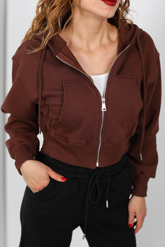 Kapüşonlu Üç İp Kahverengi Kadın Crop Sweat Ceket - 3